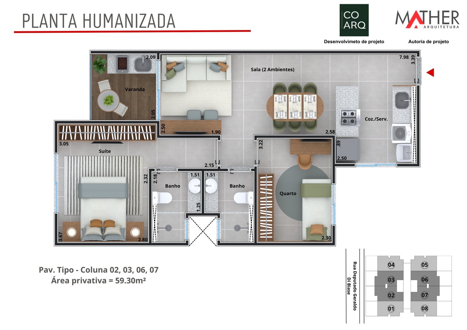 Planta humanizada do apartamento tipo, 59,30 m² privativos